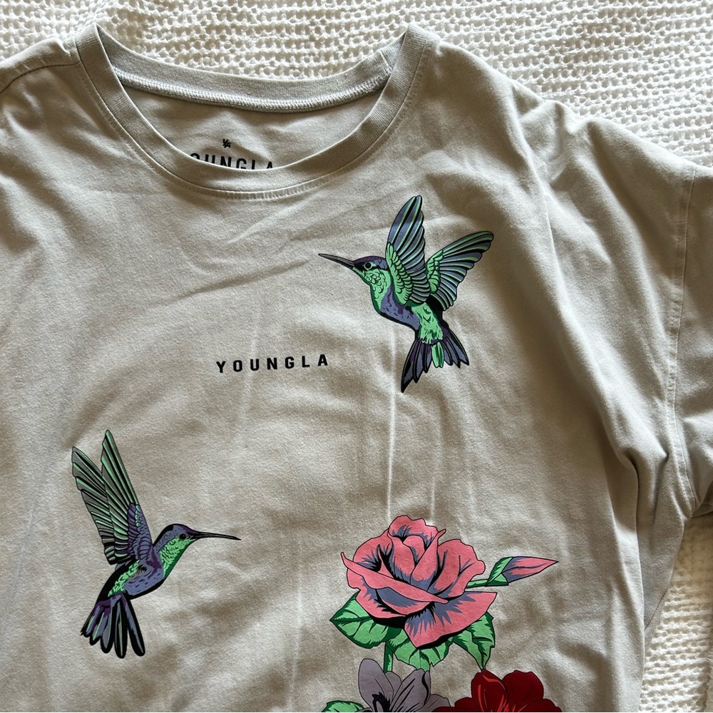 YOUNGLA Graphic Tee with Floral & Hummingbird Print - Cream